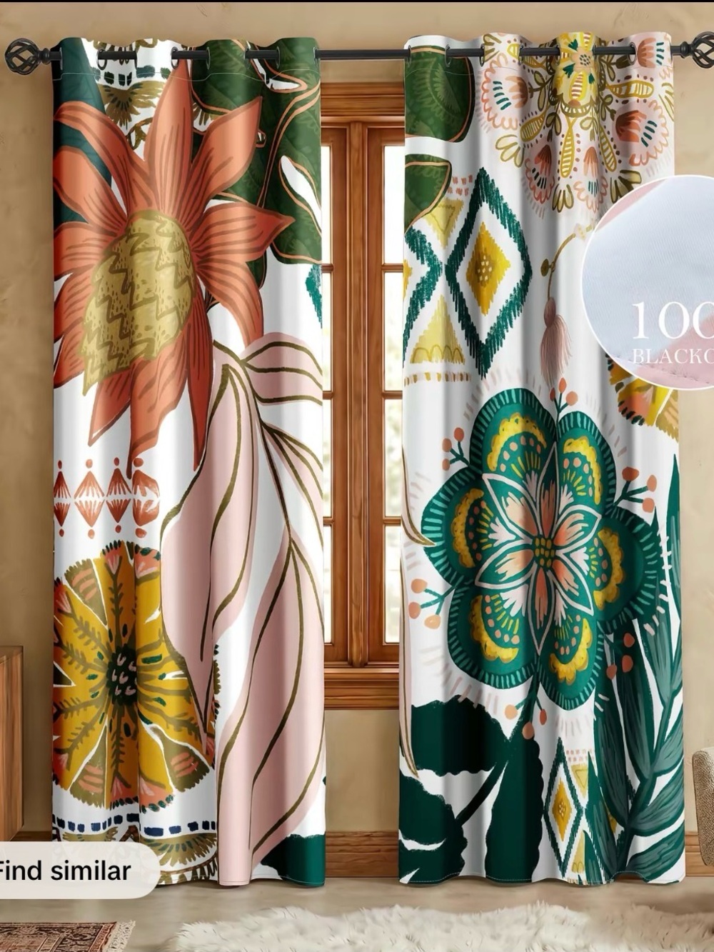 Floral Bohemian Blackout Curtain Panel - Teal, Green & Coral